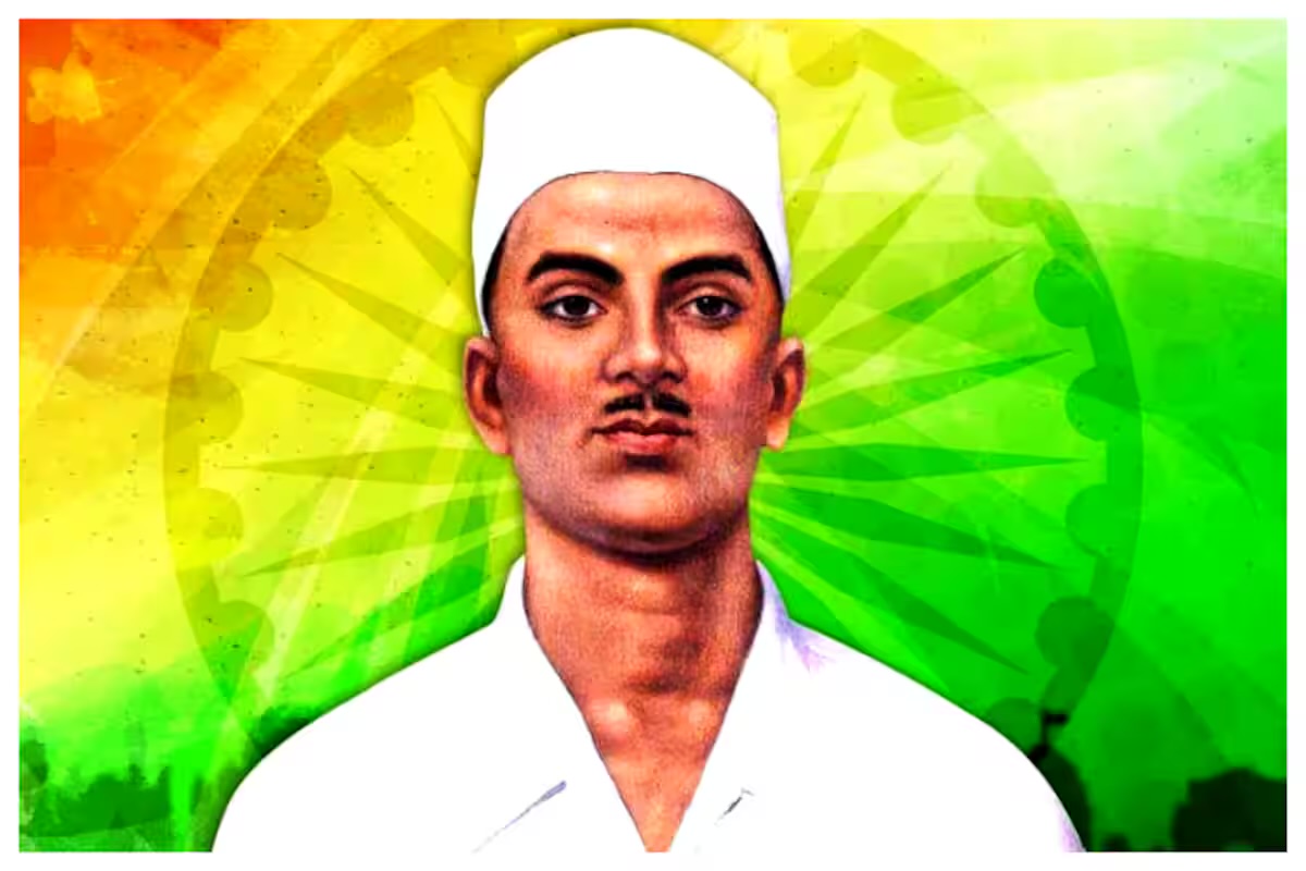 Portrait of Indian revolutionary Sukhdev Thapar, wearing a white cap and collarless white shirt, facing the viewer